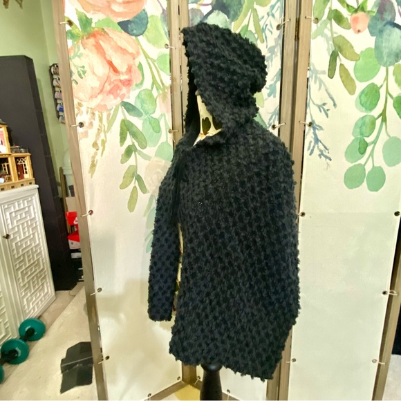 Y2K KNIT CAPE BLACK WAFFLE BOUCLE VELVET TIE CHUNKY CAPELET VINTAGE GOTHIC OSFM - Picture 2 of 3